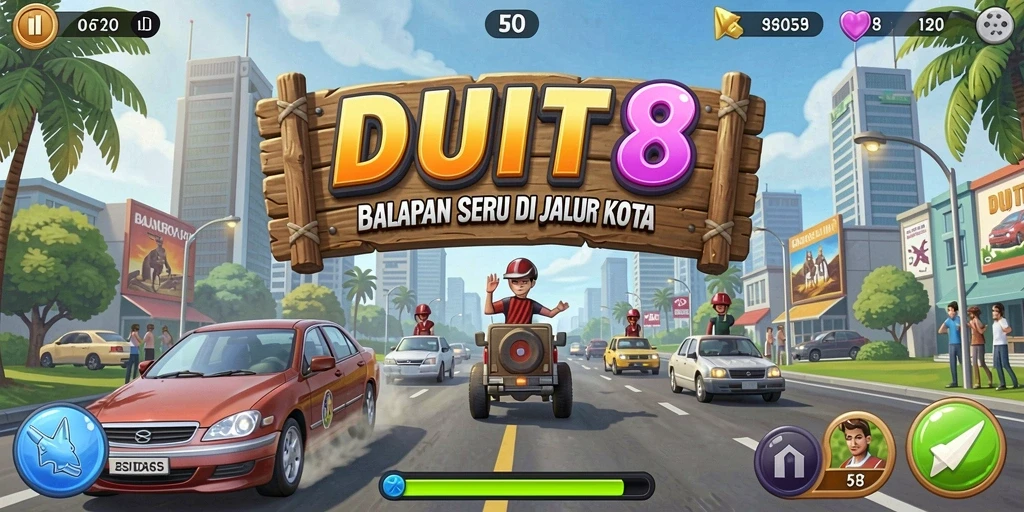 Screenshot gameplay DUIT8 menampilkan aksi balapan yang mendebarkan.