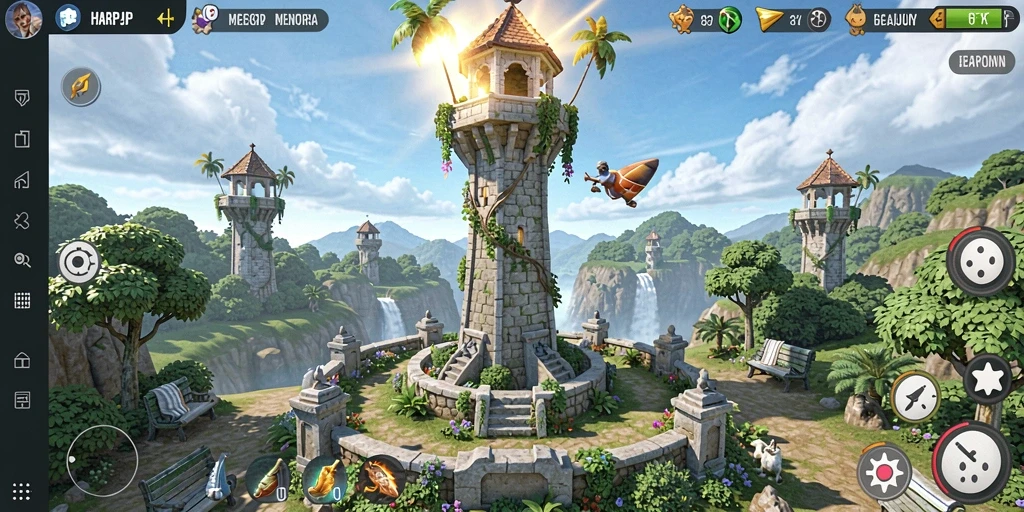 Tangkapan layar utama gameplay HARAPJP dengan pertahanan menara yang menarik.