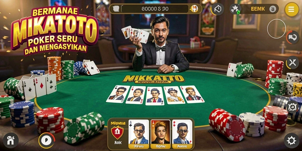 Screenshot gameplay seru MIKATOTO dengan suasana poker mendebarkan.